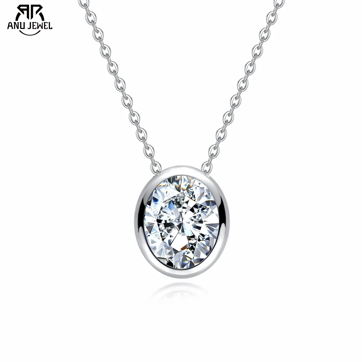 AnuJewel Halskette mit 0,5 ct/1 ct/2 ct/3 ct D-Farbe, ovaler Schliff, Moissanit-Lünette, Anhänger, 925er Sterlingsilber, Valentinstag für Frauen Image