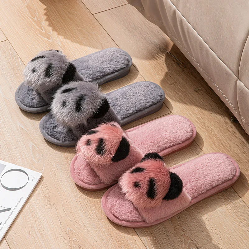 Flauschige Panda Damen Hausschuhe Herbst Winter Plüsch Luxus Designer Frau Schuhe Wohnungen Indoor Casual Fuzzy Pelz Rutschen Elegant