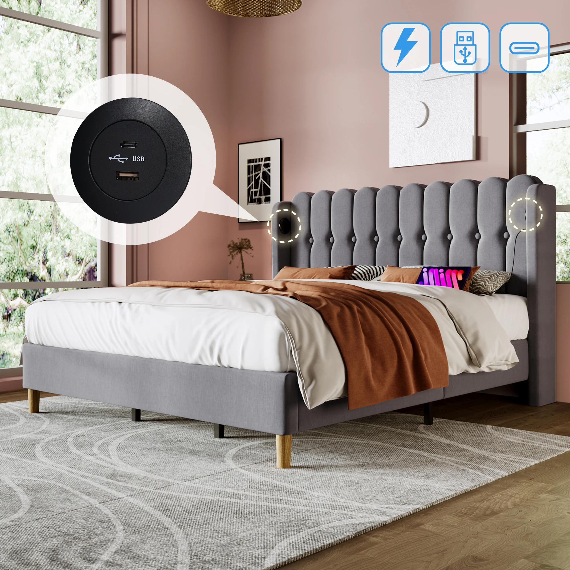 Merax Polsterbett Doppelbett USB Typ C Ladefunktion Lattenrost Grau 180x200 Jugendbett Leinen Schlafzimmer