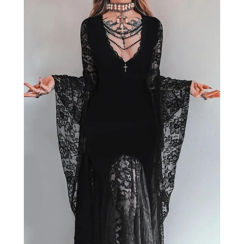 Halloween Gothic Frauen Kleid Langarm Hohe Taille Kleider 2024 Neue Goth Ästhetischen 9Os Sexy Schlank Party Club Kleid