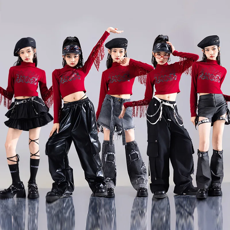 Kpop Dance Bühne Outfit Mädchen Rote Quaste Tops Schwarz Rock Shorts Hosen Kinder Jazz Dance Kostüm Mode Hip Hop Kleidung