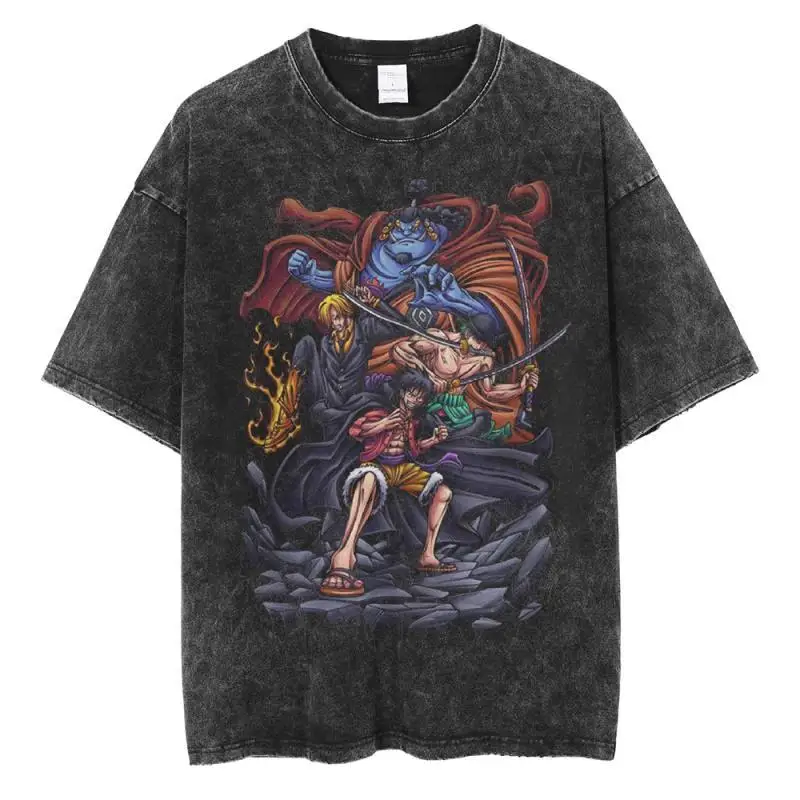 Anime-Stil T-Shirt 2025, schwarzes Baumwoll-T-Shirt, Four Warriors, Blau, Rot, Grün, Outfits, Vintage-Waschung, Distressed, übergroße Streetwear