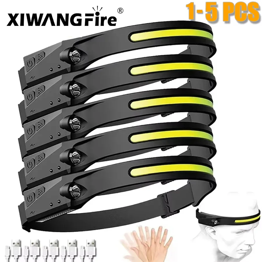 1-5PCS ensor Scheinwerfer LED Kopf Taschenlampe Wiederaufladbare Scheinwerfer Kopf Taschenlampe Eingebaute Batterie 5Licht Modi Angeln Camping Laterne Image