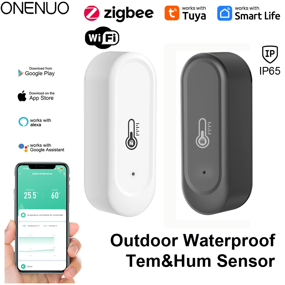 IP65 Wasserdichter Zigbee- oder WiFi-Temperatur-Feuchtigkeitssensor für den Außenbereich, Heim-Tuya-Thermometer, kompatibel mit schwarzer oder weißer Farbe Image