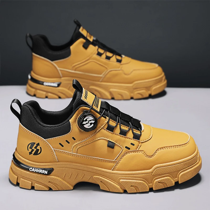 Herbst Rotierenden Taste Männer der Arbeit Turnschuhe Im Freien Nicht-slip Sicherheits Schuhe Mann Gelb Plattform Casual Sneaker Männer chaussure hommes