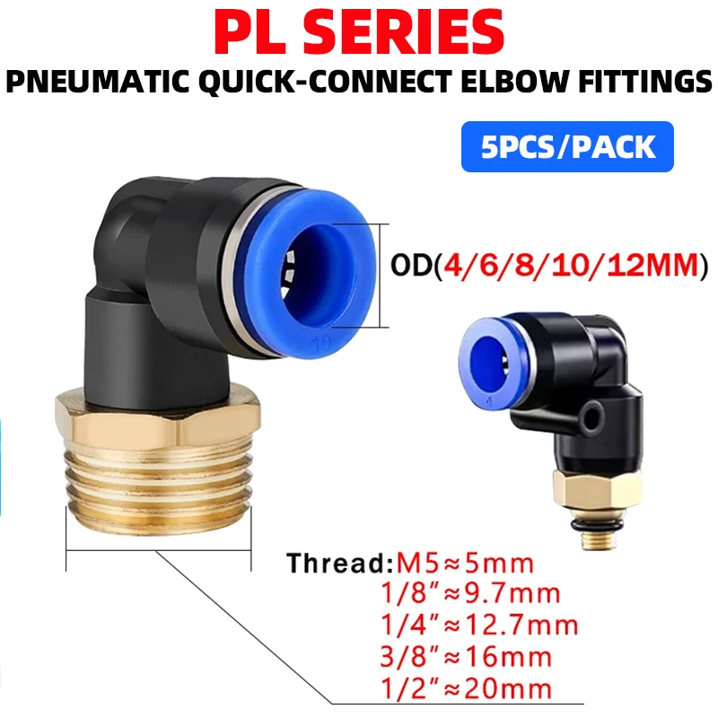Raccordi a gomito pneumatici a innesto rapido serie PL da 5 pezzi: tubo PL 4 6 8 10 12 mm, filettatura 1/8" 1/4" 3/8" 1/2", connettori per tubi dell'aria
