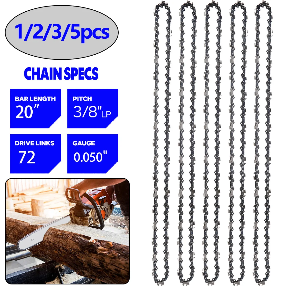 1/2/3/5pcs 20 Inch Metal Chainsaw Chain 3/8" LP Saw Chain 72 Drive Link Electric Saw Accessory Replacement Chainsaw Saw Chain