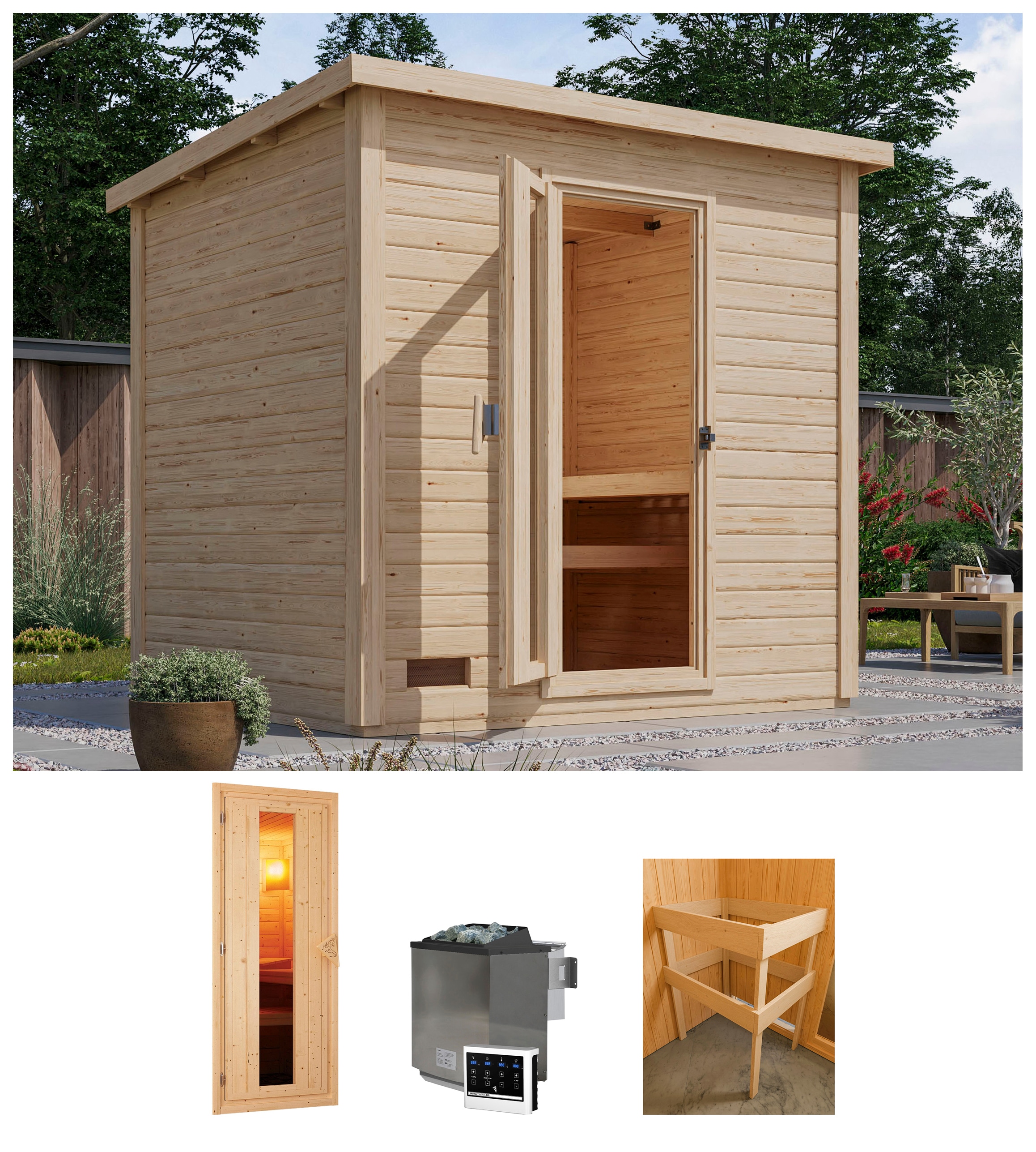 Saunahaus KARIBU "Talo 3", beige (naturbelassen), Bio-Kombiofen, externe Steuerung, 9 kW, Saunen, Bio Ofen 9 kW, externe Steuerung Image