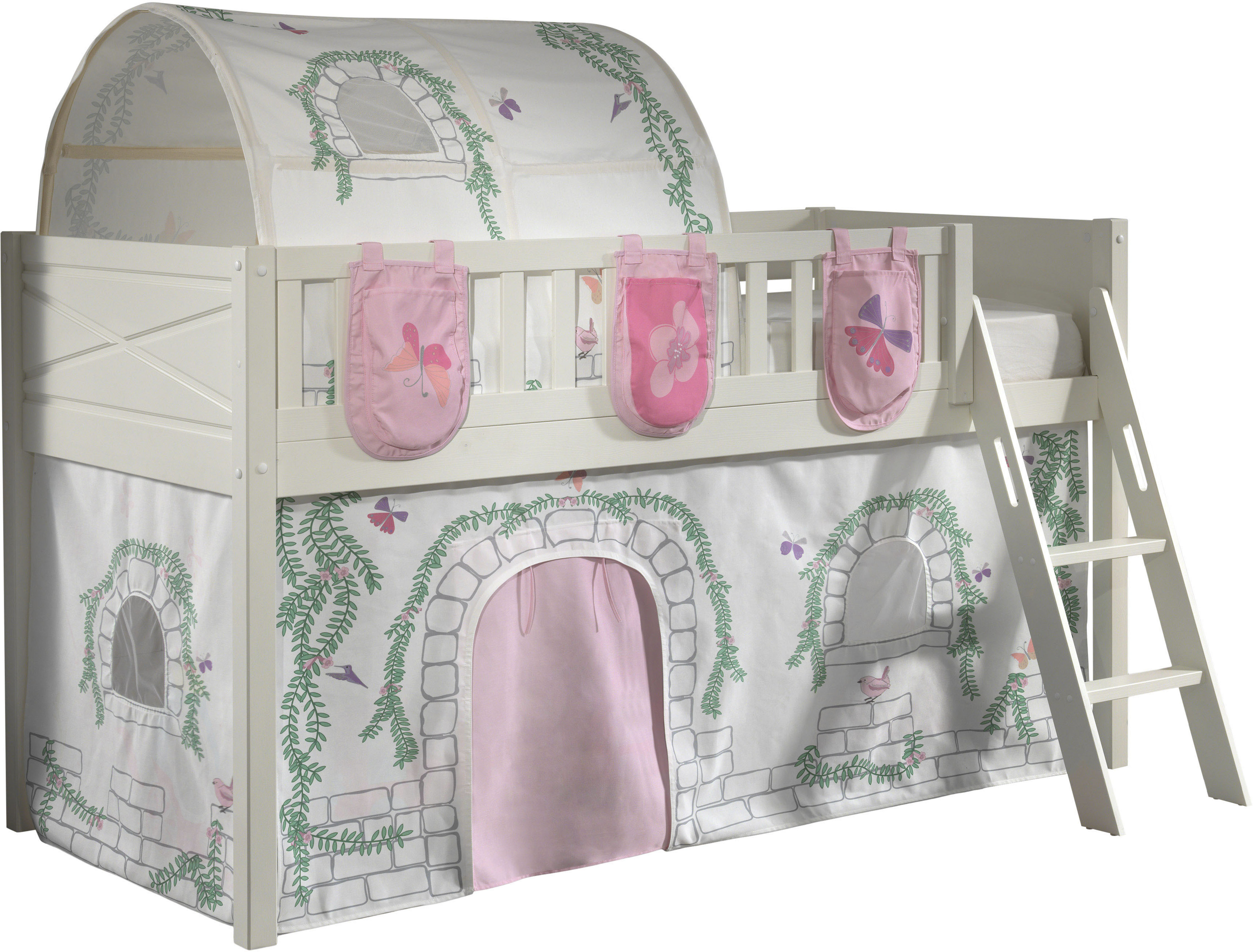 Hochbett VIPACK "Scott", weiß (weiß, beige mit floralem muster und schmetterlingen, weiß, weiß), B:134,7cm H:114cm L:207,6cm, 100% Baumwolle, Hochbetten, Hochbett, mit Leiter, LF 90x200 cm, Vorhang, Tasche, Tunnel, 4 Designs Image