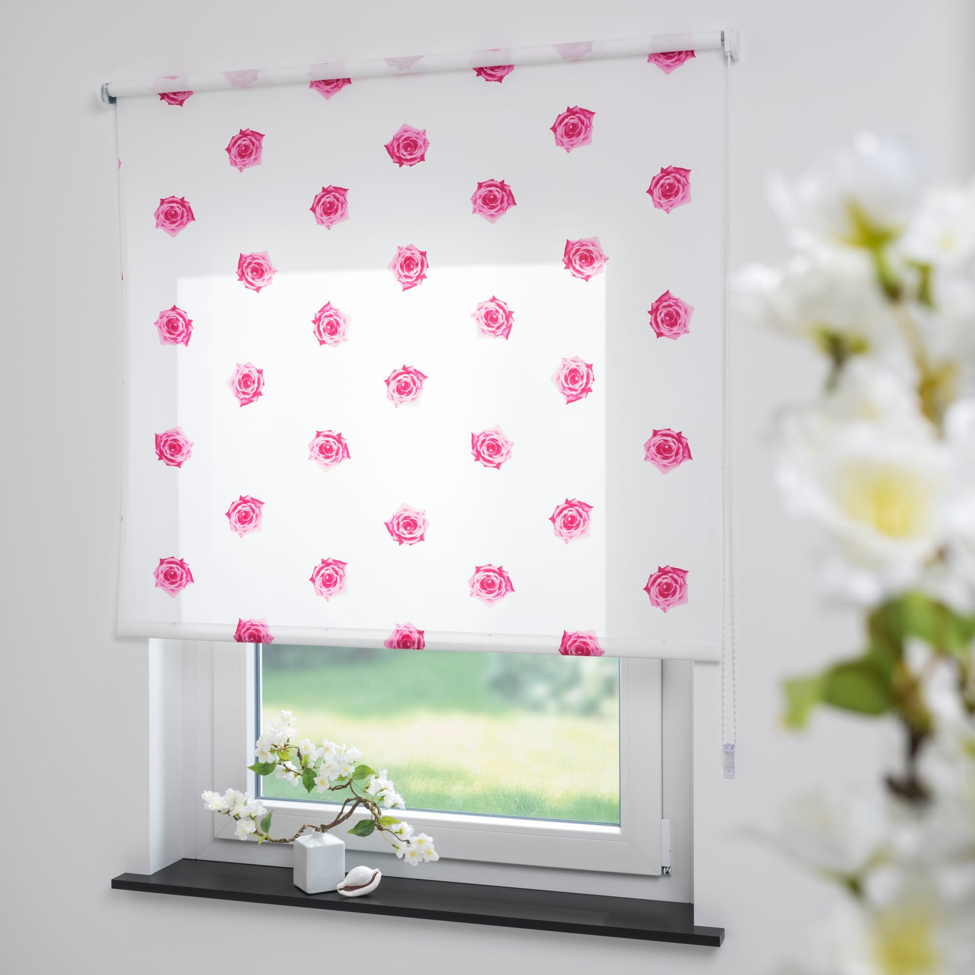 Seitenzugrollo LIEDECO "Rosen" Gr. 3, pink (pink, weiß), B:142cm H:180cm, Metall, Polyester, Rollos, Seitenzugrollo, Kettenzugrollo, Dekorrollo - Rosen pink Image