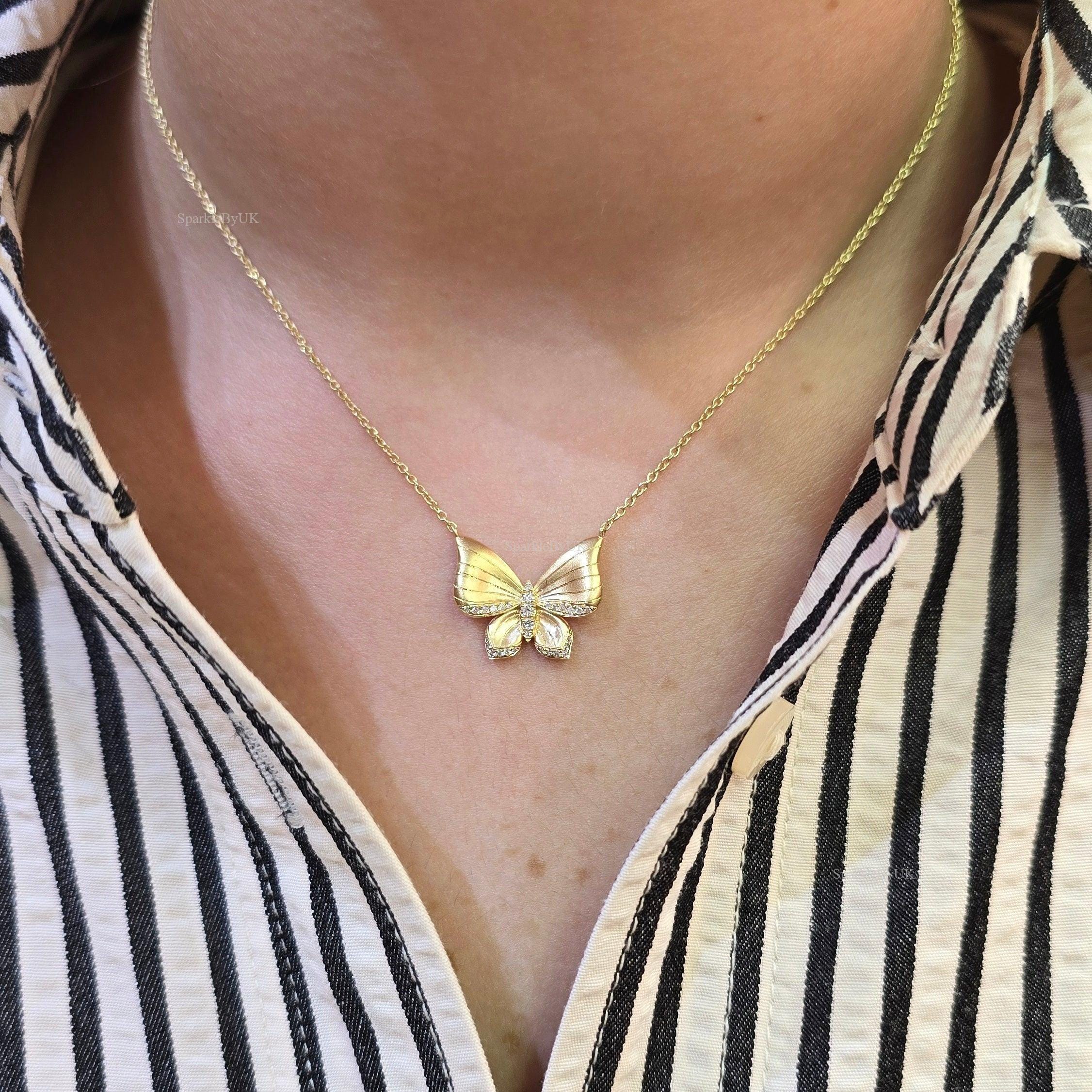 14k 18k Solid Gold Schmetterling Halskette Lab gewachsen Diamant Einzigartige Jeden Tag Luxus Gold Zarte Zierliche Diamant Kabel Kette Charm Halskette