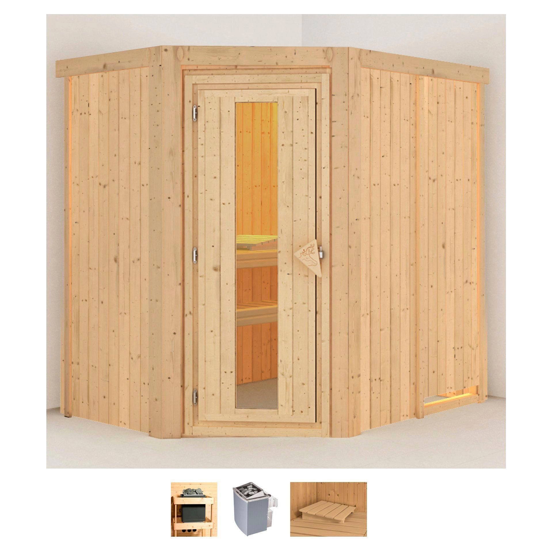 Sauna KARIBU "Clara", beige (naturbelassen), Saunaofen, integrierte Steuerung, 9 kW, Saunen, 9 KW-Ofen mit integrierter Steuerung Image