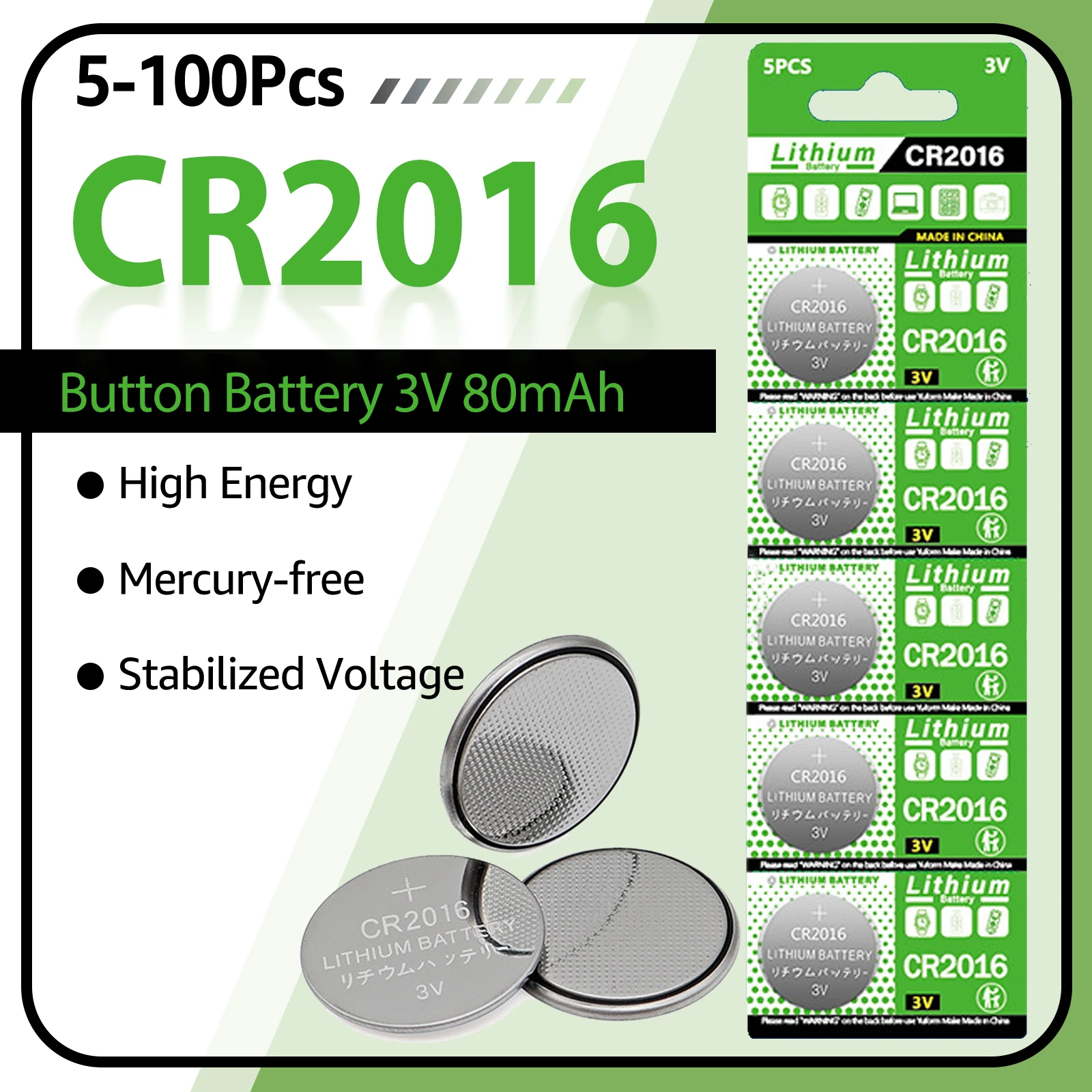 Batterie bouton CR2016 3V, flambant neuve et Durable, remplacement pour BR2016 ECR2016 DL2016, pile bouton pour montre, calculatrice de clé de voiture