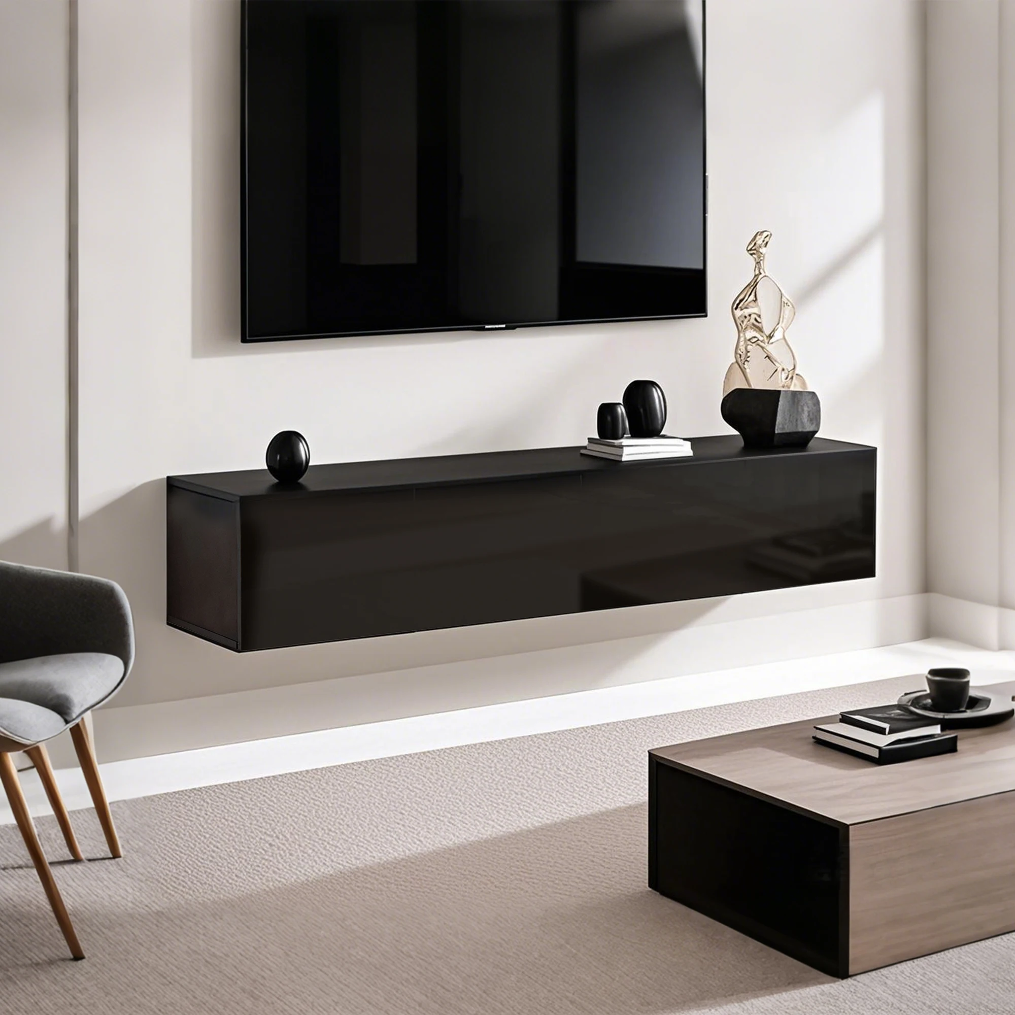 Meuble TV, meuble TV suspendu meuble TV lowboard 160x30,5x34cm, panneau de particules noir sur place