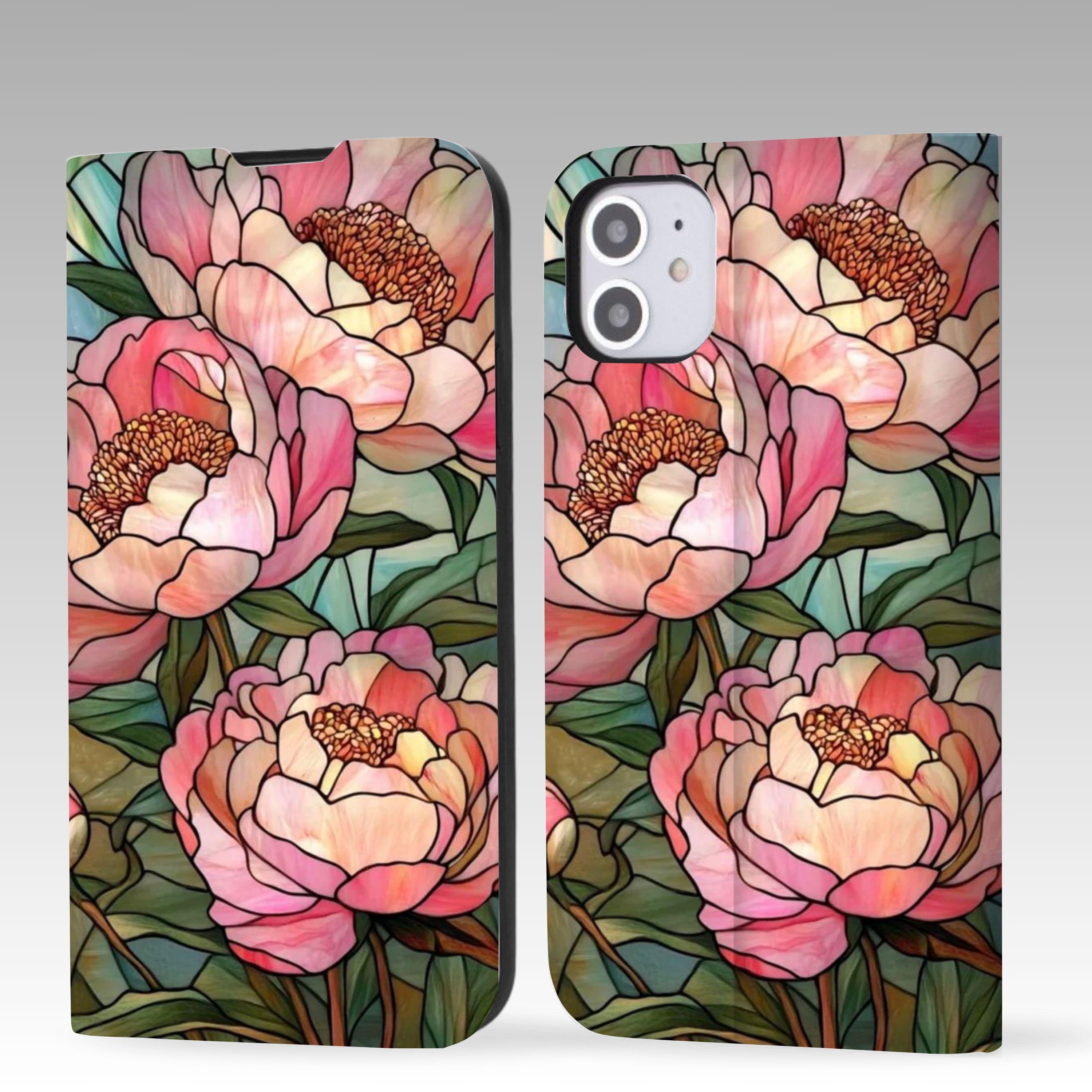 Custodia a portafoglio con motivo floreale in vetro colorato per iPhone 17 16 Pro Max, iPhone 17 16 15 14 13 12, iPhone Pro Max, iPhone Pro Plus Air