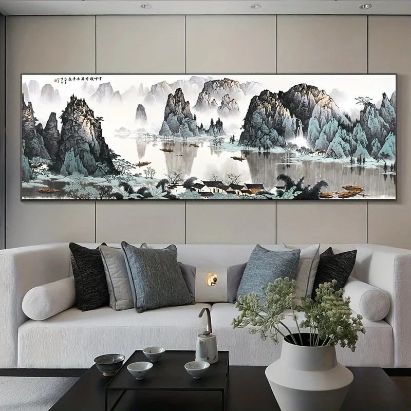 [Mountain River Poster Wall Art] 1pc Traditional Chinese Mountain and River Canvas Painting for Home Decor - Frameless Poster