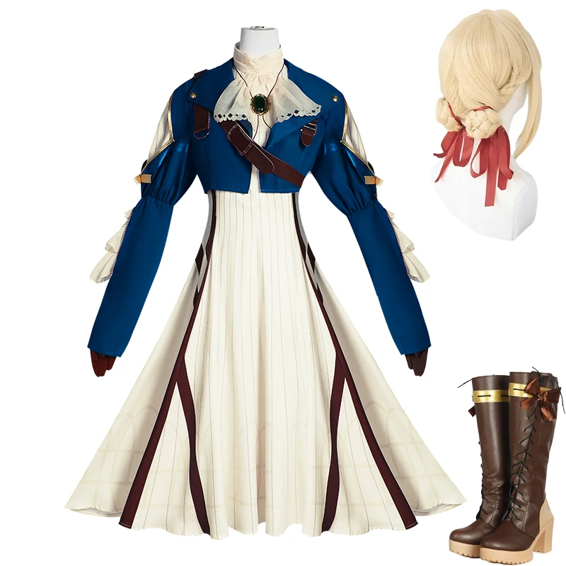 Violet Evergarden Cosplay Kostüm Perücke Schuhe Stiefel Schmuck Halskette Frauen Mädchen Kleid Halloween Karneval Party Rollenspiel Outfits