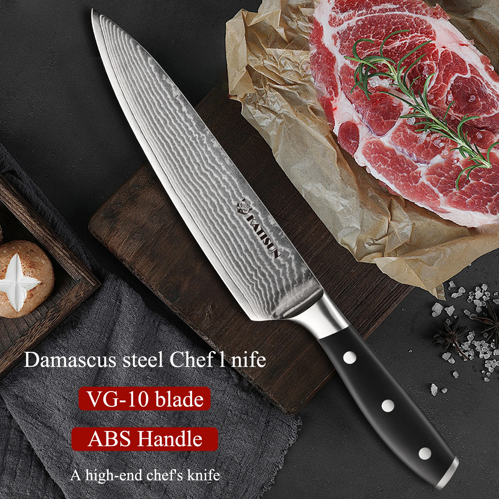 8-Zoll-Premium-Damaststahl-Küchenmesser mit 67 Lagen, drei Nieten, ABS-Griff und Geschenkbox Image