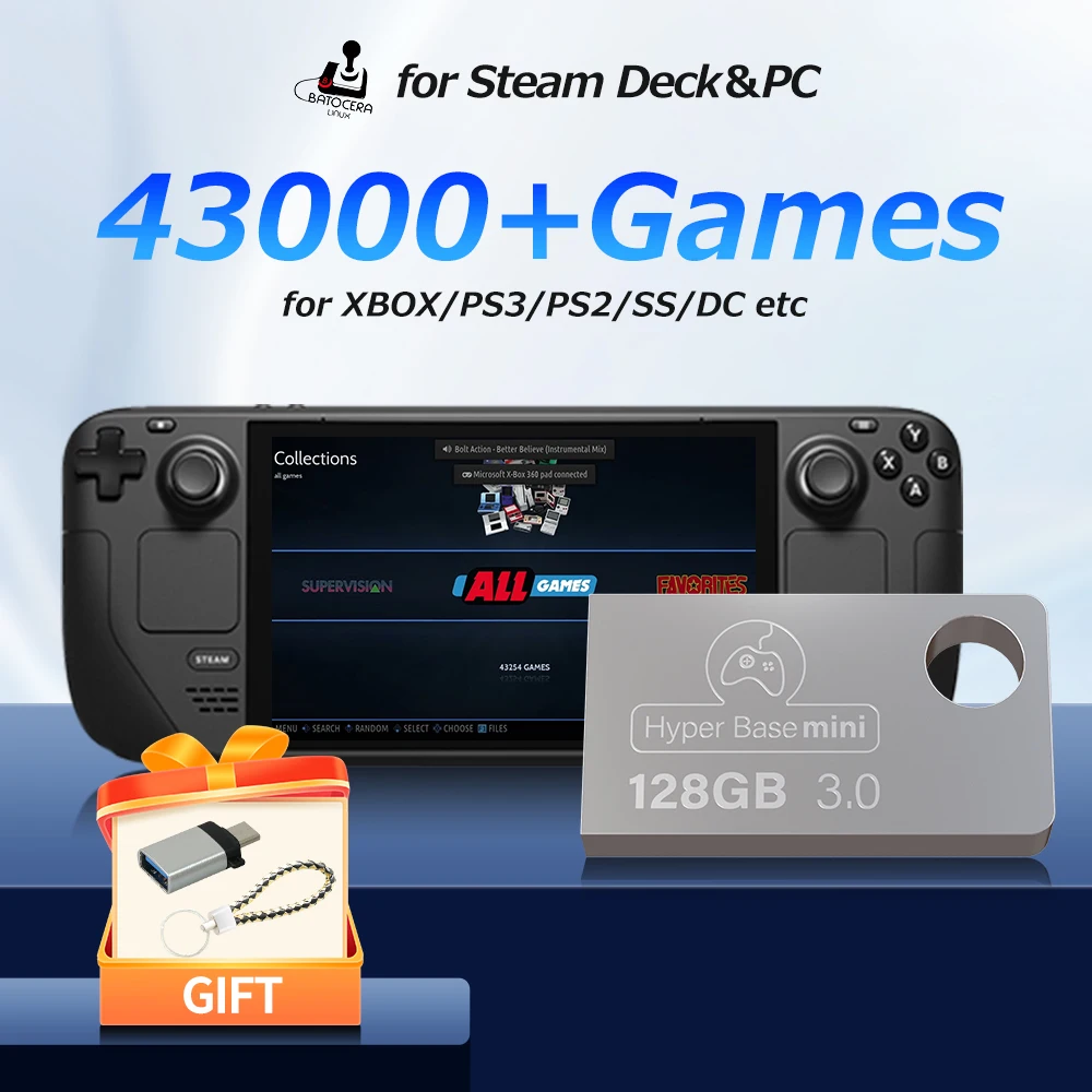 Batocera 128G USB 3.0 Game Disk 43000+Retro-Spiele für XBOX/PS3/PS2/Wii/MAME/SS/N64/DC/3DO 74 Emulatoren für Windows PC Handheld