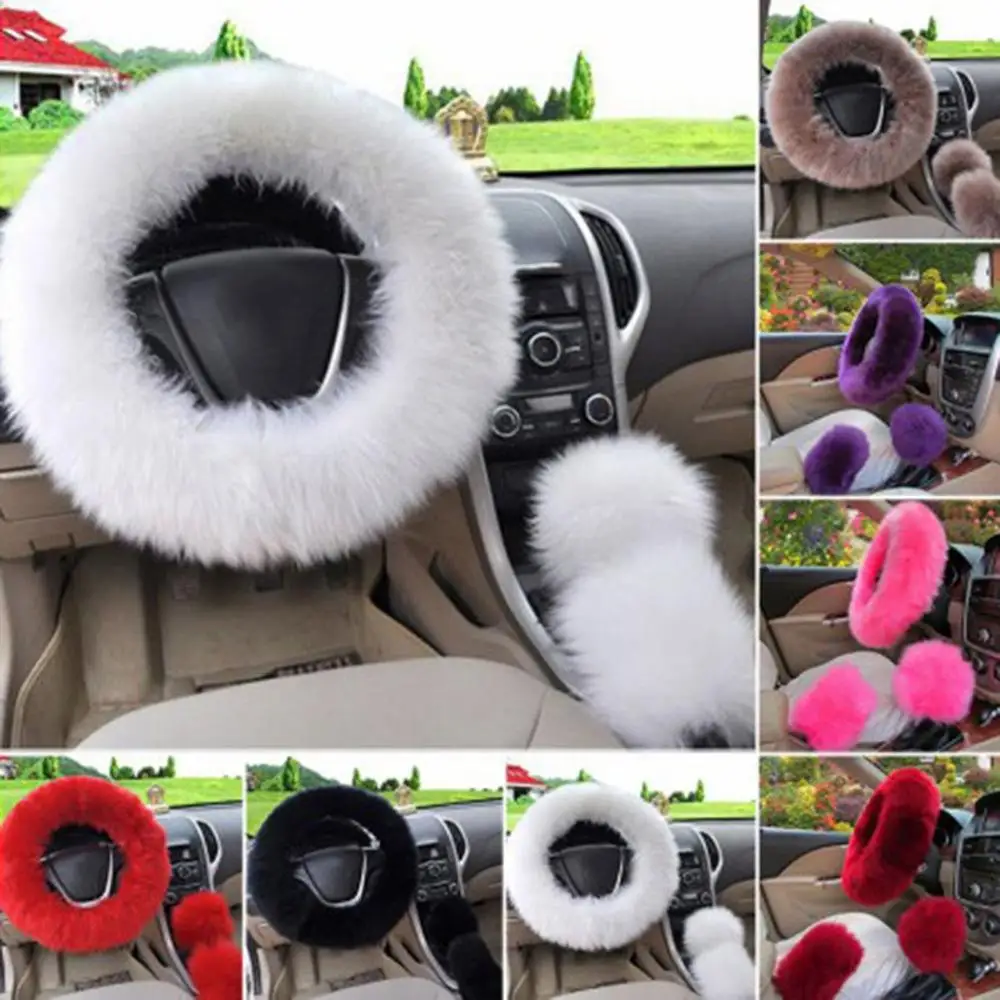 Neue 38 cm Solide Weiche Warme Lange Wolle Fuzzy Lenkrad Abdeckung Woolen Handbremse Auto Zubehör Schafe Pelz Plüsch Schutz Abdeckung kit Image