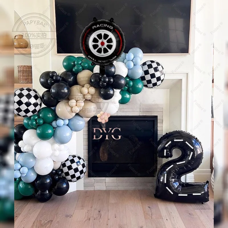 132 Stücke Rennwagen Thema Ballon Girlande Zwei Schnelle Geburtstagsdekorationen Ozean Blau Grün Schwarz Karierte Flagge Ballon Partyzubehör Image