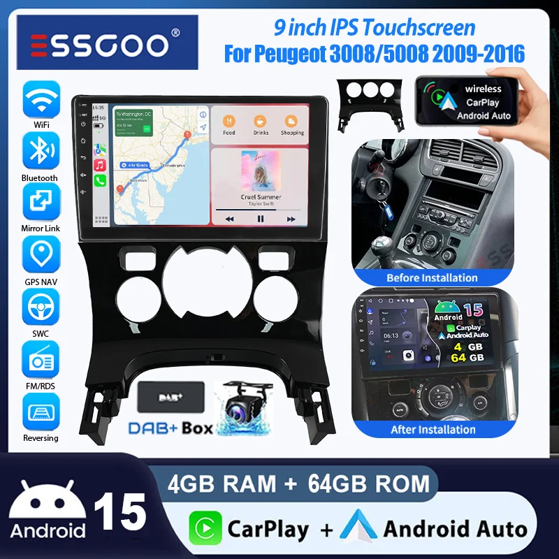 Autoradio ESSGOO Android 15 9" 4+64 GB per Peugeot 3008 5008 2009-2016 Navigazione GPS WiFi CarPlay Wireless Android Auto Bluetooth RDS Mirror Link CANBUS FM Controlli al Volante 2+32 GB Android 14