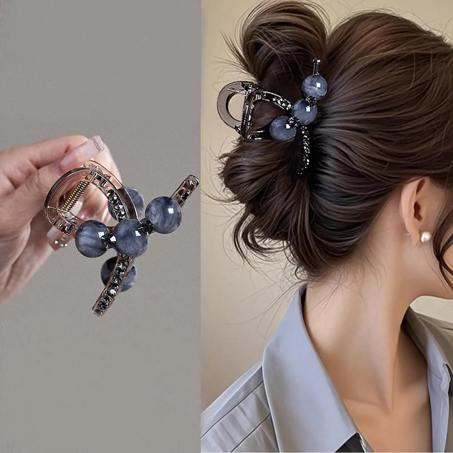 1 Stück elegante Farbverlaufs-Strass-Perlen-Halteclip, mittelgroße Hai-Clip-Haarnadel, neue Hinterkopf-Hochsteckfrisur, halbe Krawatte Image