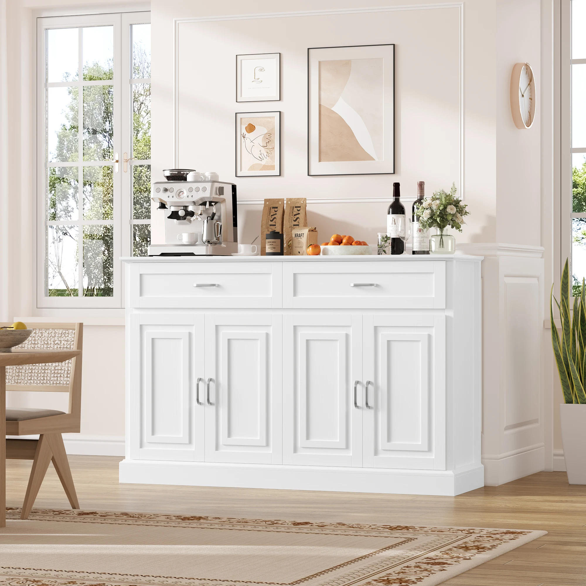 Getone Sideboard,Küchenschrank,Buffetschrank mit 2 Schubladen 4 Türen,Sideboard Wohnzimmer Küche 140x39.5x92.5cm Weiß/Schwarz