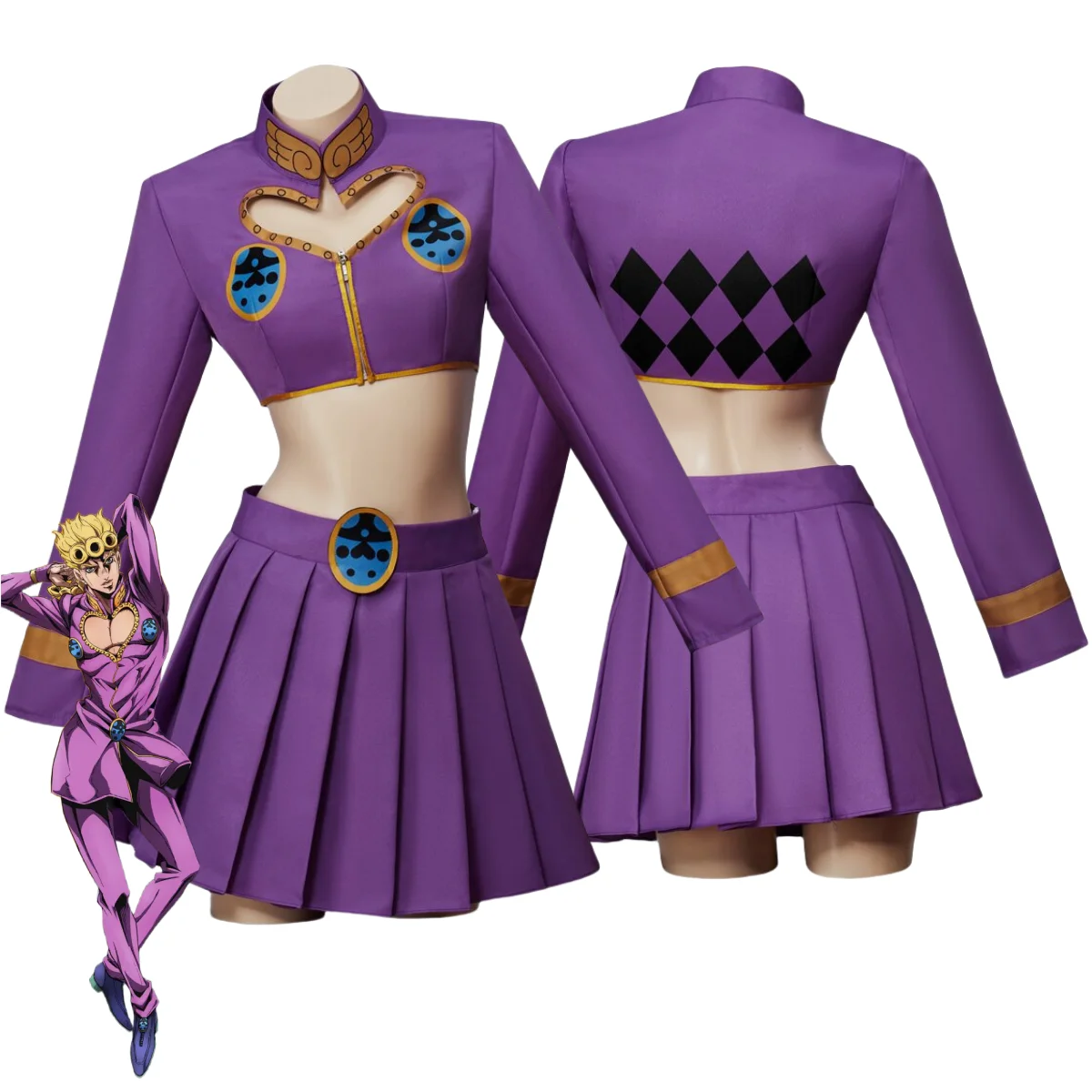 Anime JOJO's Bizarre Adventure Golden Wind Giorno Giovanna Cosplay-Kostüm Sexy Lila Röcke Crop Top und Miniröcke Party-Set