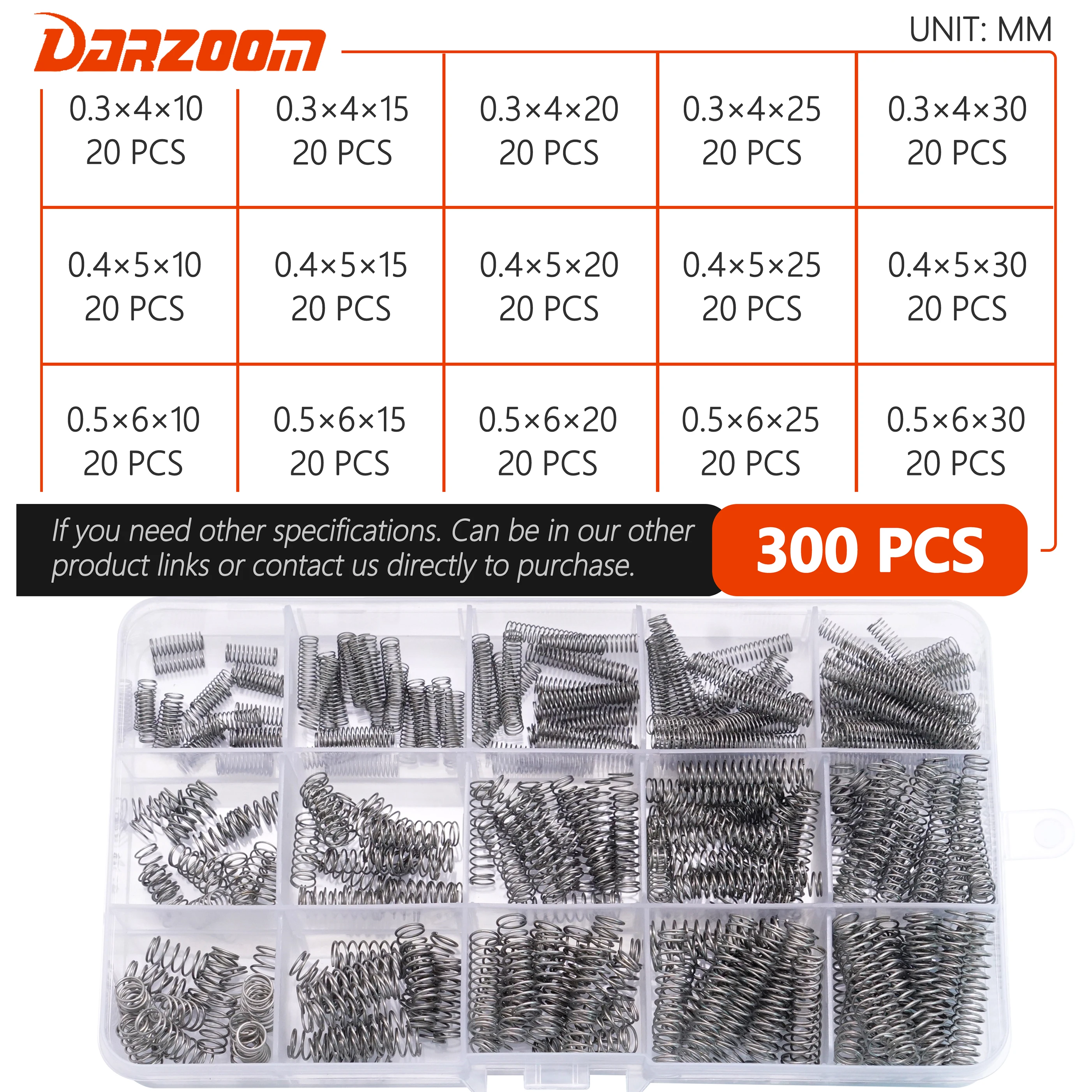 300 Stück 15 Größen 0,3/0,4/0,5mm 304 Edelstahl Druckfedern Sortiment, Mini-Federn für Reparaturen, 10 bis 30mm Länge Image