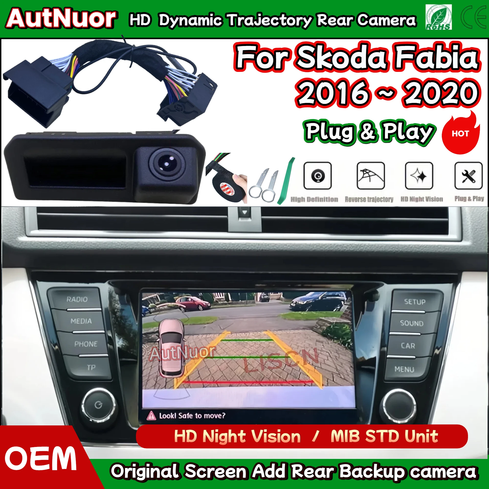 HD-Rückfahrkamera für Skoda Fabia 2016 2017 2018 2019 2020, Plug & Play, dynamische Flugbahn, Kofferraumgriff, Rückfahrkamera Image