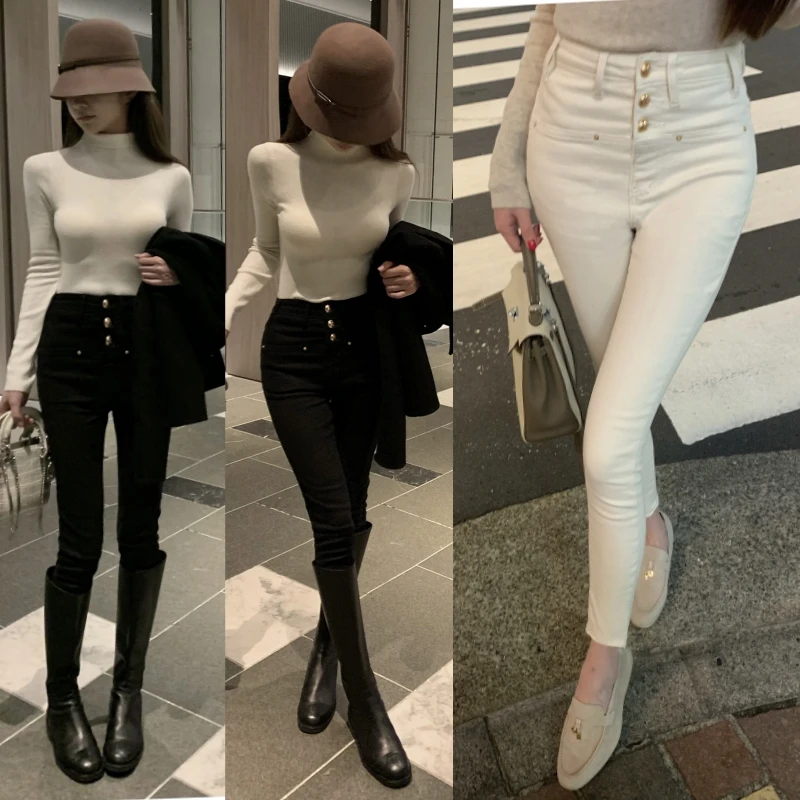 Neue Weiße Dünne Jeans Frau Hohe Taille Casual Stretch Jeans Vintage Sexy Femme Knöchel Länge Bleistift Hosen Denim Jeans