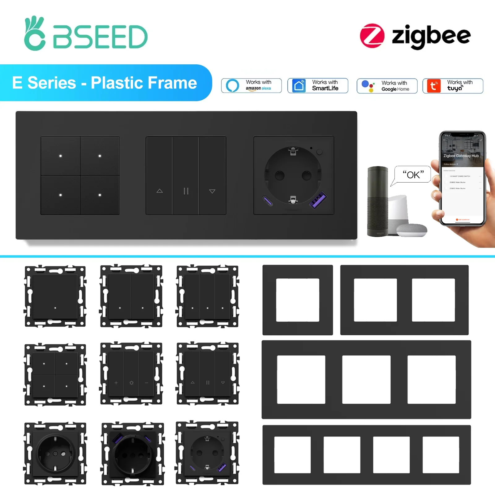BSEED Zigbee Mechanische Licht/Rollos/Dimmer Tuya Smart Switches EU/FR Steckdose Module Matte Kunststoff Rahmen DIY Teile