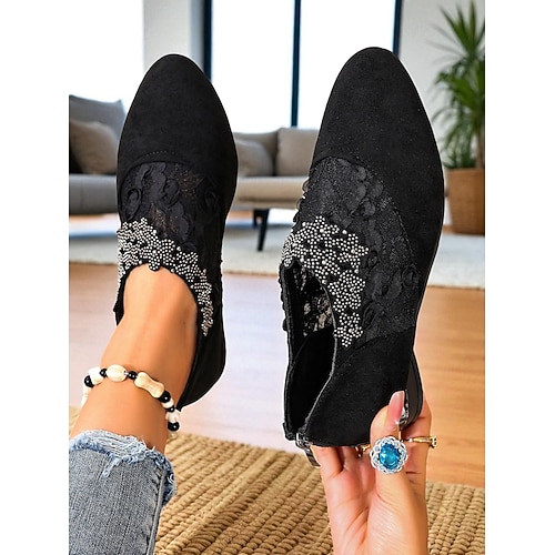 Damen-Slipper aus schwarzem Wildleder mit Spitze und Strass-Details – elegante Schuhe mit niedrigem Absatz für Damen, perfekt für lässige Outfits und Abendpartys Bürokleidung Image