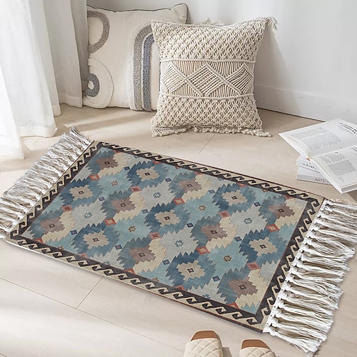 Vintage Persischer Teppich für Wohnzimmer und Schlafzimmer weicher rutschfester maschinenwaschbarer Teppich ethnischer Stil handgewebter Low-Polyester-Baumwollmischung Bettvorleger Sofakissen Image