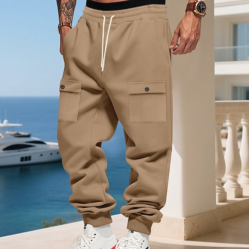 Herren Cargo-Jogginghose Jogginghose Hose Kordelzug Tasche Elastischer Bund Einfach Komfort Sport im Freien Täglich Mode Lässig Schwarz Weiß Mikroelastisch Image