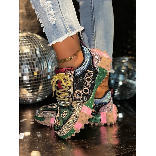 Damen-Sneaker mit Strassverzierung, klobiger Sohle, farbenfrohem Design und Logo-Details für Mode-, Nachtleben- und Party-Outfits Image