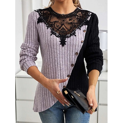 Damen Bluse Spitze Patchwork Einfarbig Elegant Stilvoll Basic Langarm Rundhalsausschnitt Normale Oberteile Täglich Armeegrün Violett Hellgrau Frühling Herbst Winter Image