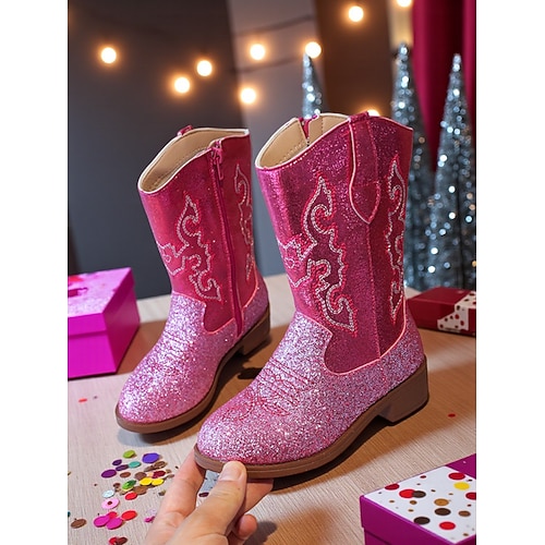 Von koreanischen Idols inspirierte Popstar-Kostümschuhe, rosa glitzernde Cowboystiefel für Mädchen mit gestickten Flügeln, Performance-Schuhe im Westernstil für Tanz- und Party-Outfits Image