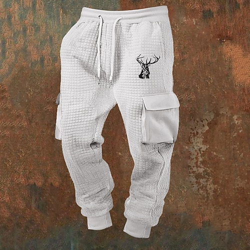 Herren Jogginghose Hose Waffelhose Kordelzug Tasche Elastischer Bund Hirsch Komfort Sport im Freien Täglich Mode Lässig Schwarz Weiß Mikroelastisch Image