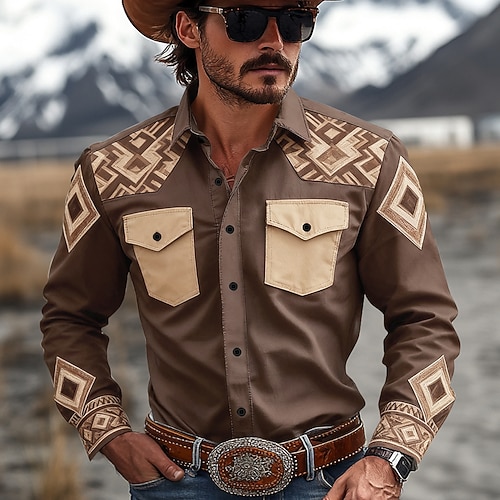 Herren Geometrisch aztekisch Ethnisch Westernhemd Knopfhemd Cowboy-Shirt Langarm Vintage-Retro Outdoor Täglich Arbeitskleidung Herbst Winter Umlegekragen 3D-Druck Zwei Fronttaschen Leinenähnliches Image