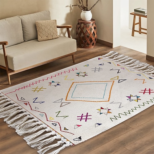 Teppiche Geometrischer Gewebte Teppich für Wohnzimmer und Schlafzimmer Minimalistisches Muster Staubabweisender Teppich Weich Rutschfest Maschinenwaschbar Teppich Ethnischer Stil Dekorative Fußmatte Image