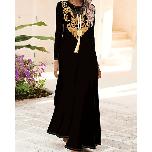 Damen Langes Kleid Maxikleid Boho-Kleid Elegant Vintage Mode Täglich Outdoor Strand Normale Passform Grafik Schmetterling Langarm Rundhalsausschnitt Blau Schwarz Weiß Rote Frühling Herbst Image