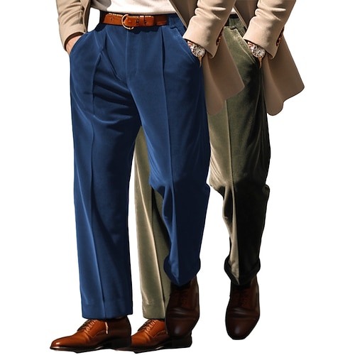 Herren Hose Anzughose Baggy-Hosen Samt-Hosen Abschlussballhosen Fronttasche Gerader Schnitt Mehrfachpackung Einfach Komfort Volle Länge Outdoor Geschäft Täglich Mode Schick Modern BlauKhaki Image