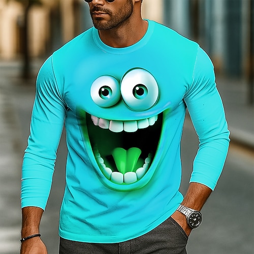 Herren 3D Lustige Emotes T Shirt Langarm T-Shirt 3D-Druck Rundhalsausschnitt Hemd Mode Übertrieben Straße Täglich Wasserblau Gelb Orange Sommer Frühling Herbst Bekleidung S M L XL XXL XXXL Image