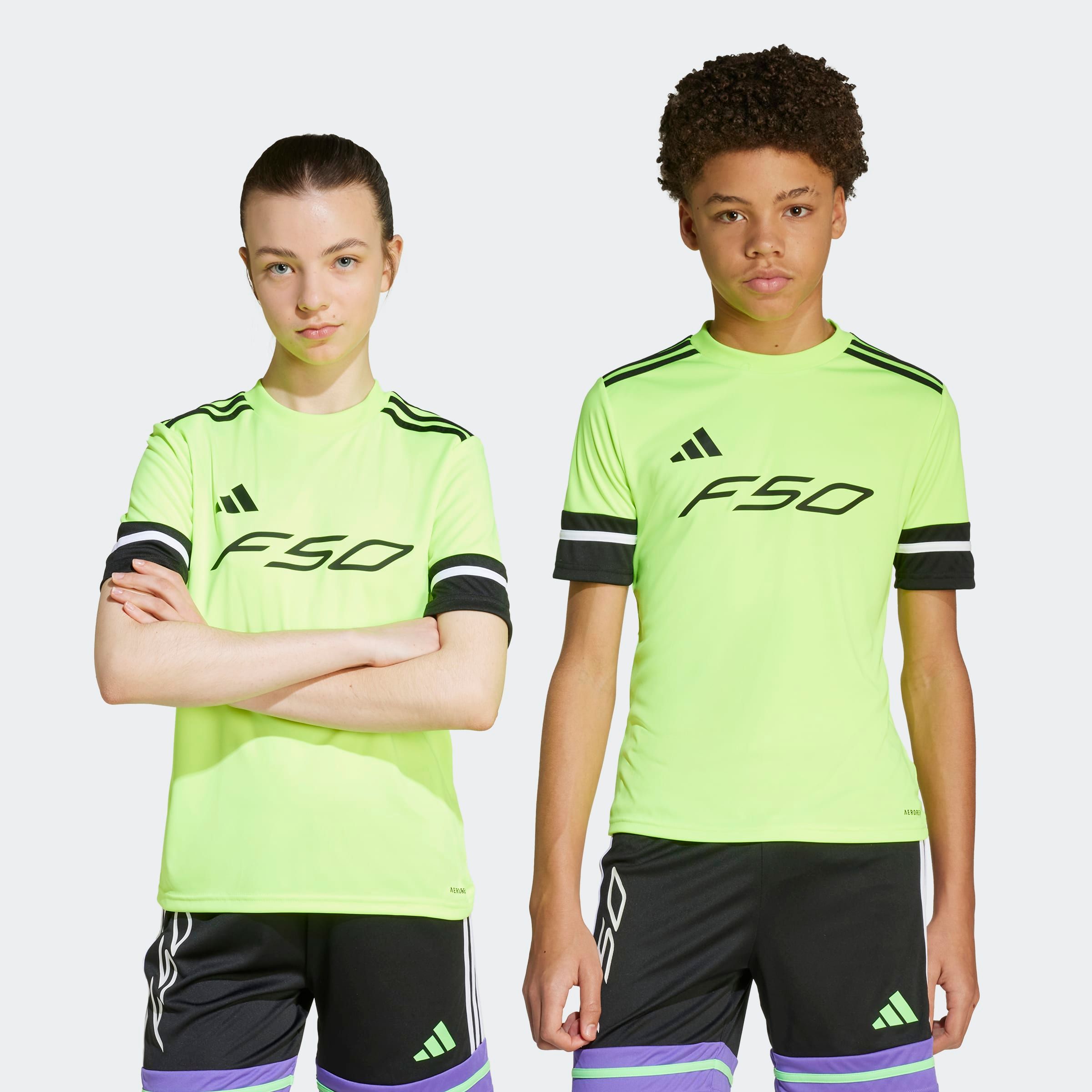 Fußballtrikot ADIDAS PERFORMANCE "F50 JSY Y", Kinder, Gr. 152, grün (lucid lemon, schwarz), Obermaterial: 100% Polyester, Sportlich, Rundhals, Trikots