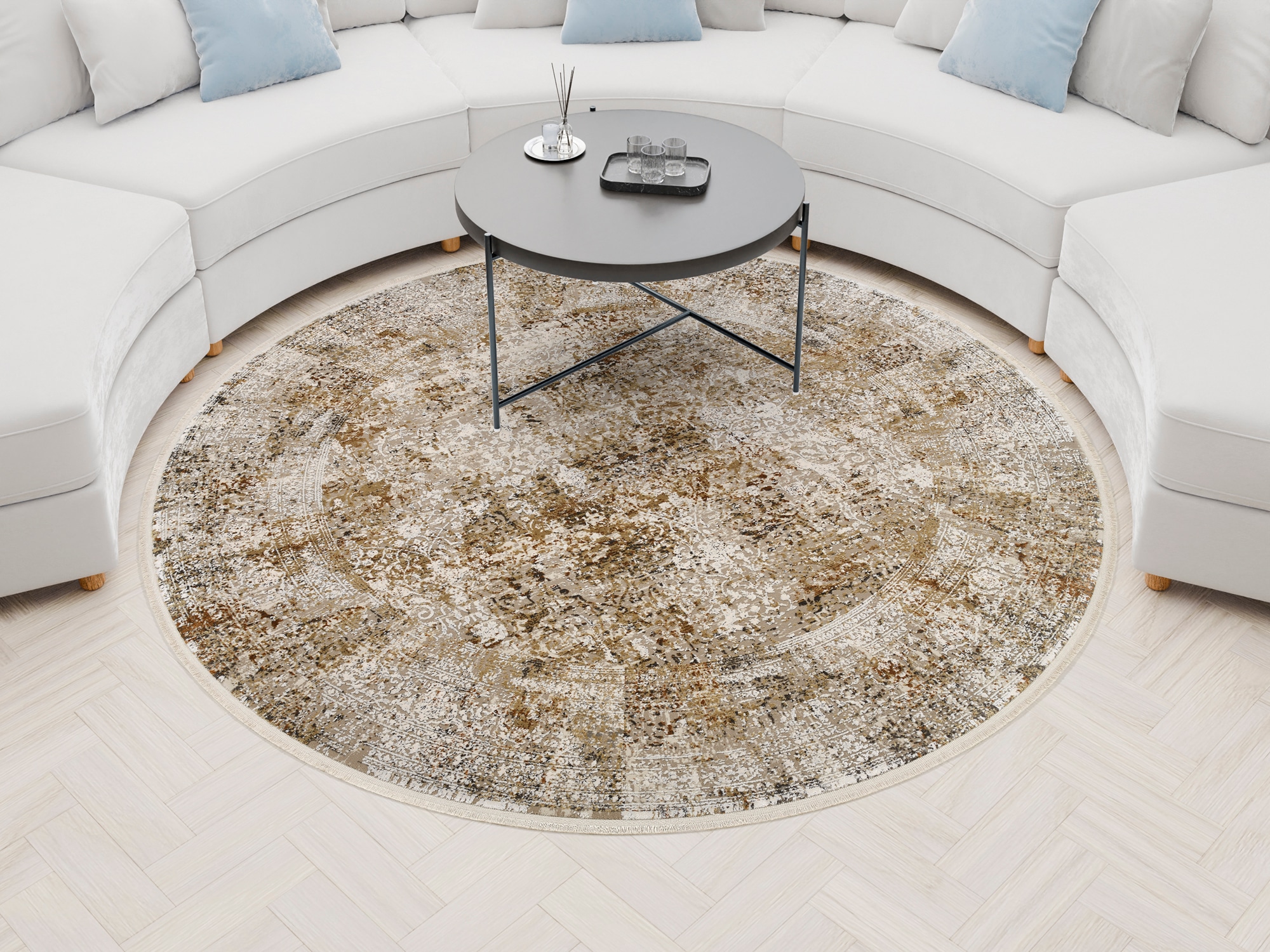 Teppich OCI DIE TEPPICHMARKE "BESTSELLER CAVA", beige, mix, H:8mm Ø:160cm, Viskose, Teppiche, Fransenteppich, Glanz Viskose, Hoch Tief Struktur, mit Fransen, Wohnzimmer Image