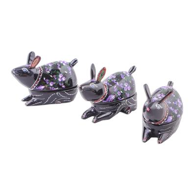 'Violet Bunnies' (set of 3) - Hand Painted Thai Lacquerware Decorative Boxes