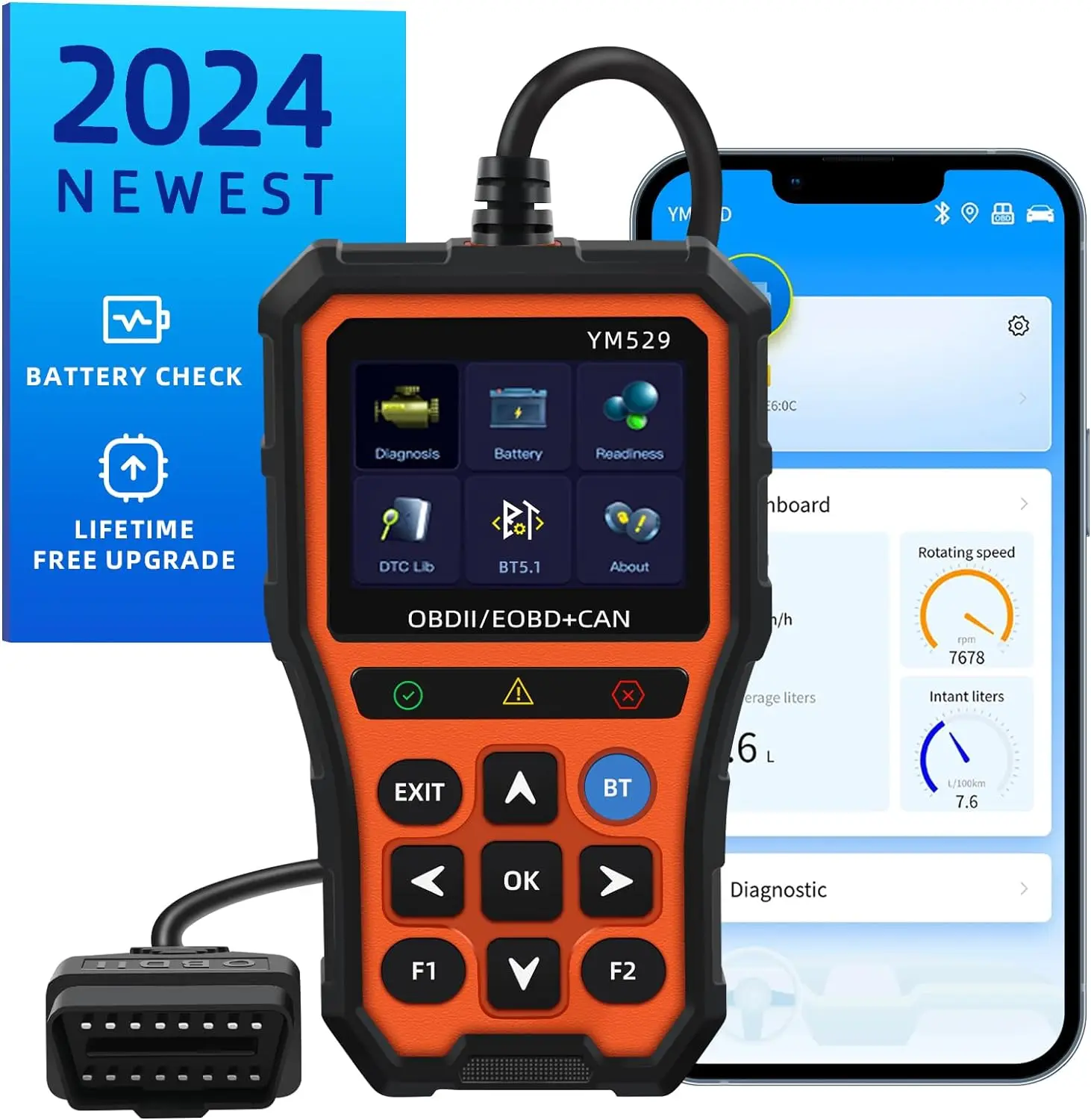 Lecteur de Code, Scanner de Code de défaut, outil de Diagnostic de voiture multilingue YM529, lecteur de Code OBD2, contrôle du système de moteur, testeur de batterie