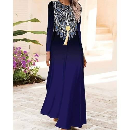 Per donna Abito Lungo Maxi Abito Abito Boho Elegante Vintage Moda All'aperto Feste Quotidiano Vestibilità comoda Grafico Farfalla Astratto Manica Lunga Girocollo Blu Primavera Autunno